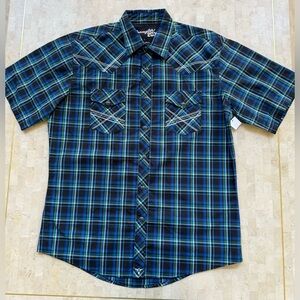 Wrangler 20X Western Blue Short Sleeve Plaid Pearl Snap Work Shirt Mens L NWT